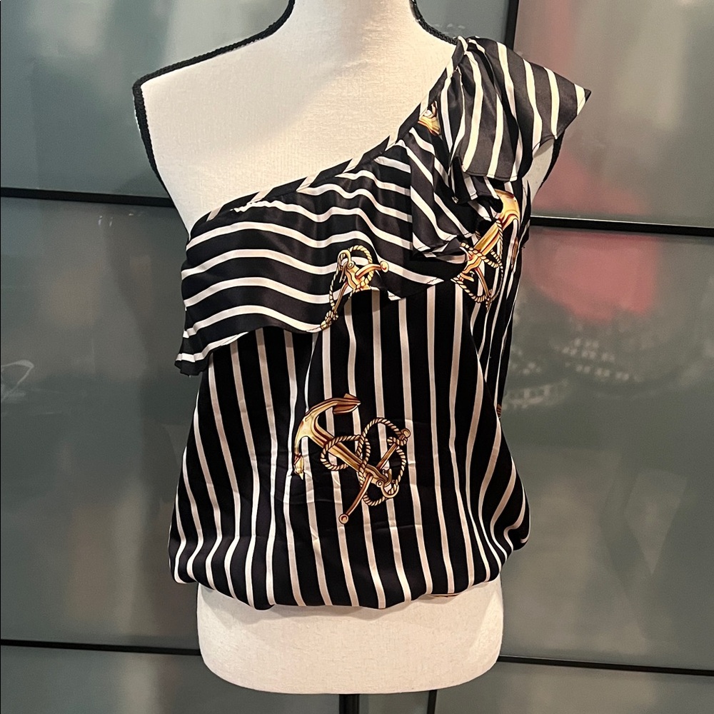Voom by Joy Han Black and White Striped Nautical Anchor Ruffle Blouse